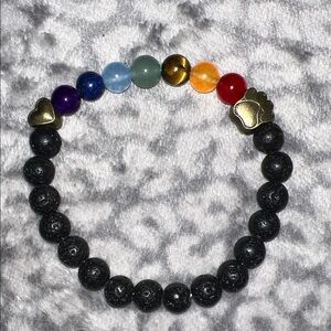 Multicolor Beaded Elastic Bracelet with Gold Tone Heart and Paw Charms